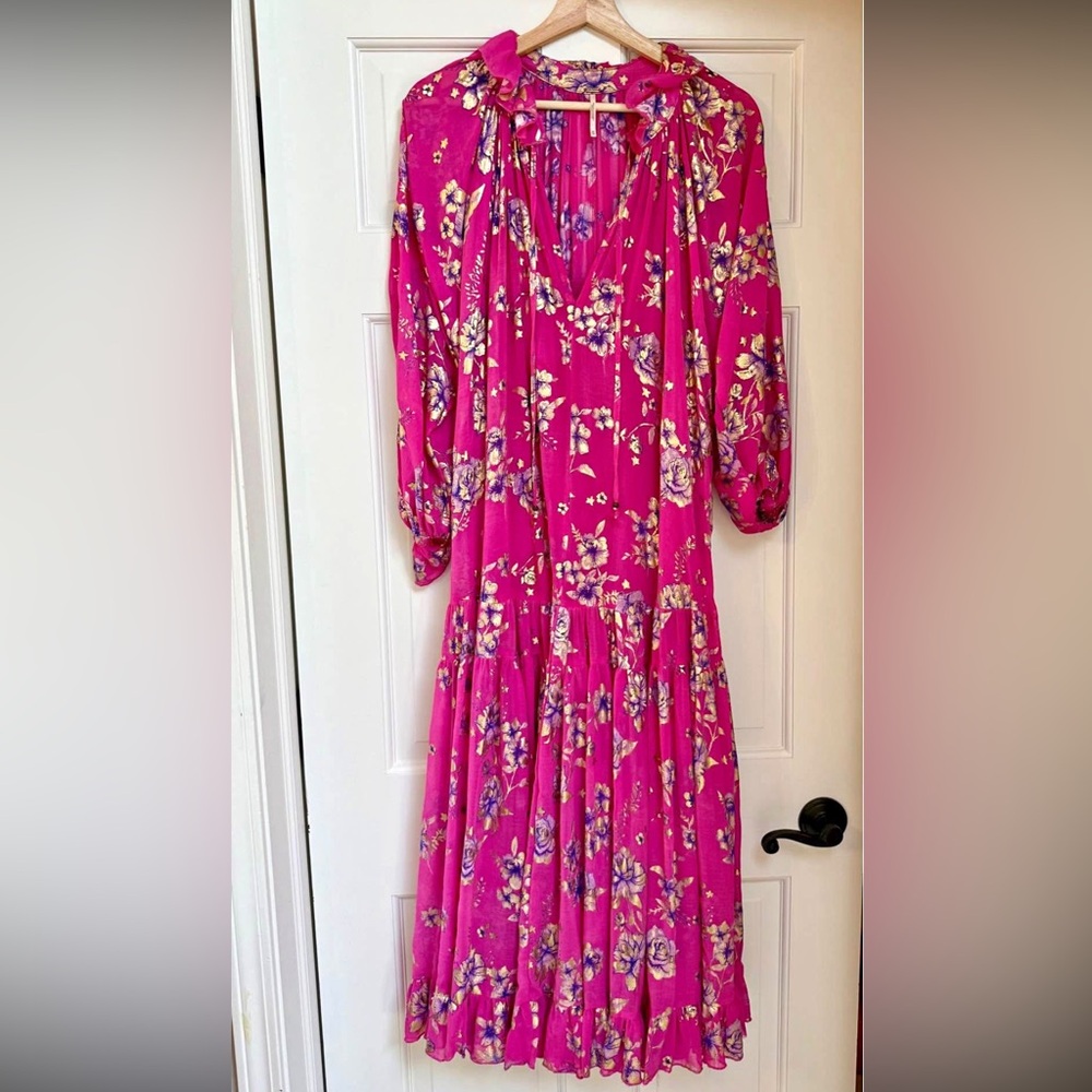 Free People Feeling Groovy Floral Maxi Foil Dress Bright Pink
